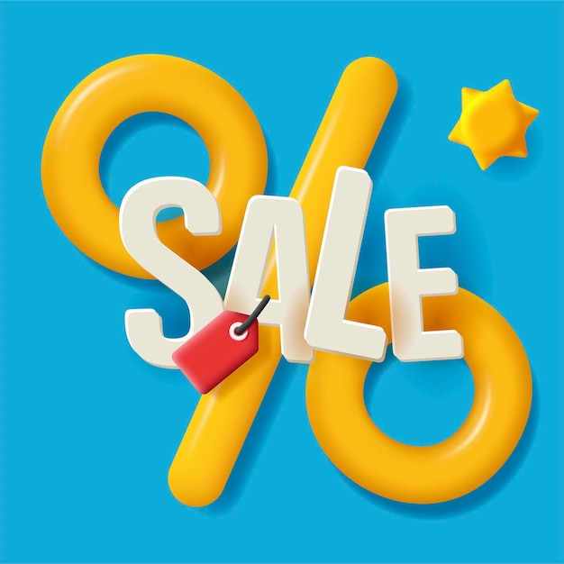 3d illustration for promo big 3d percent sign with volume sale letters and price tag summer season