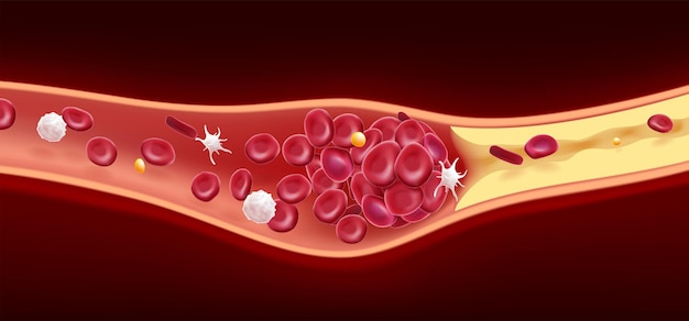 Vector 3d illustration of red blood cells and cholesterol clots cause death used in science and medical