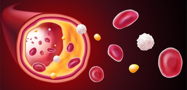 Vector 3d illustration of red blood cells white blood cells and cholesterol clogging the cause of death