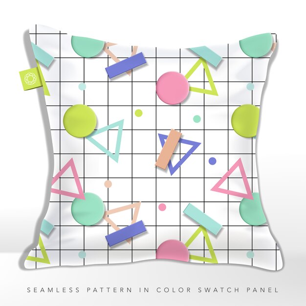 3d illustration seamless pastel geometric shapes pattern on checker line backgrounds with colorful triangular shapes & dots. retro or vintage style.