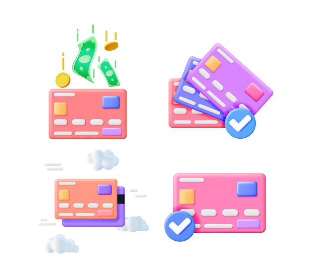 クレジットカードの3Dイラストセット カードに落ちるお金 チェックマークの付いた複数のカード カード