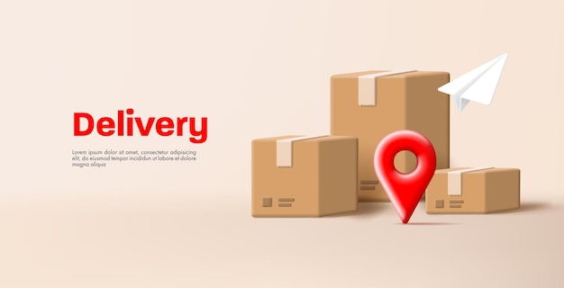 3d illustration of shipment delivery with carton boxes and paper plane and paper plane with red geo tag