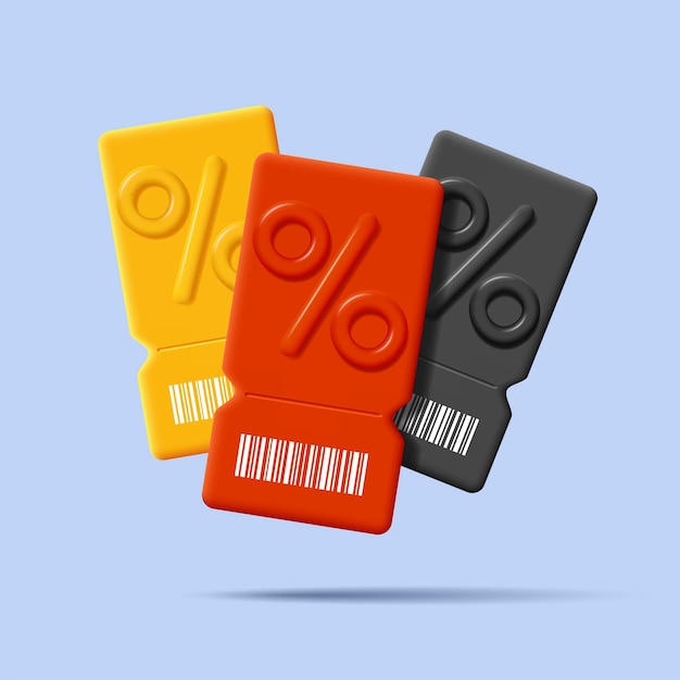 3d illustration of ticket with percent volume sign and bar code sale