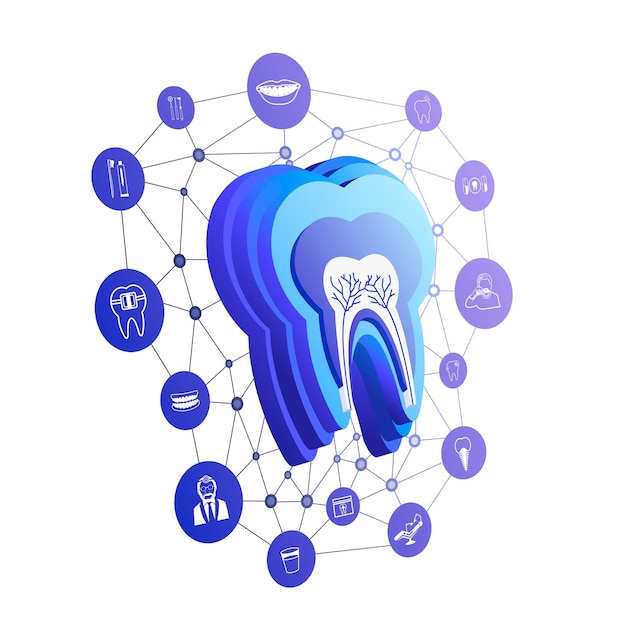 Vettore illustrazione 3d icona del dente con icone dentali su sfondo bianco