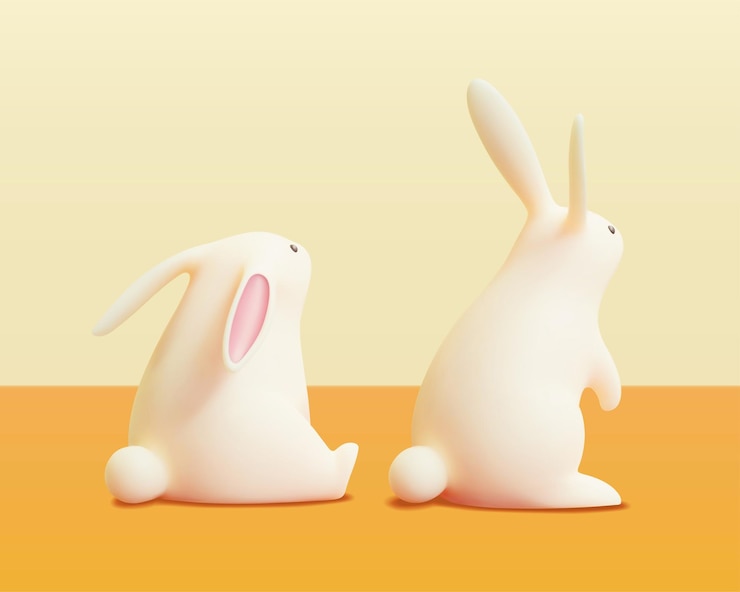 Vector 뒤에서 본 두 개의 흰색 아기 토끼의 3d 그림 부활절 일요일과 중순 가을 축제에 적합한 노란색 배경에 격리된 사랑스러운 동물 요소