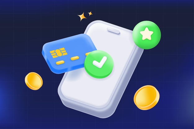 3d illustration vector mobile payment with credit card coins and approval icons digital wallet