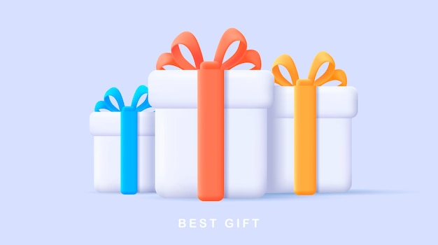 3d illustration of white render style gift boxes with bright colored ribbons with bows