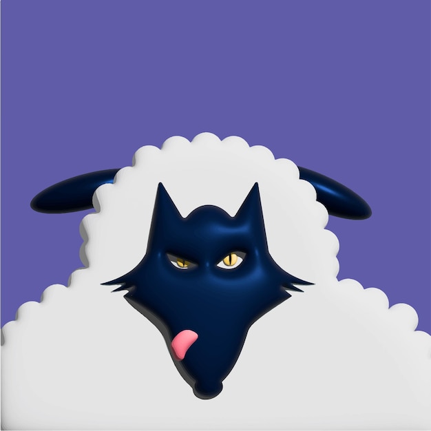 3d illustration of wolf in sheep's clothing on violet background place for an inscription