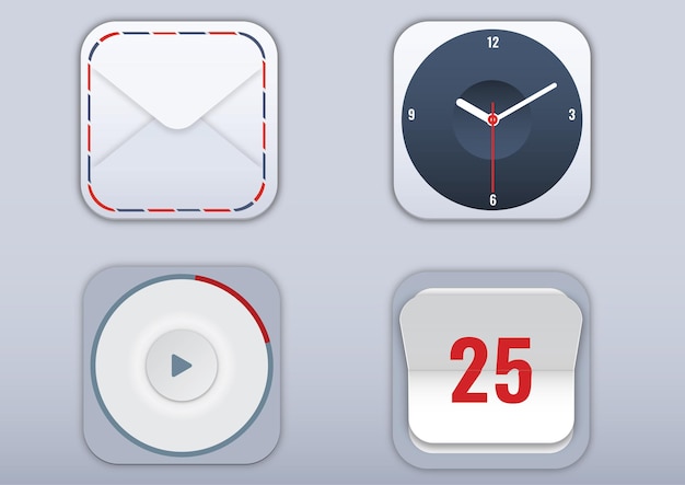3d illustrations of mail clock calendar and play button