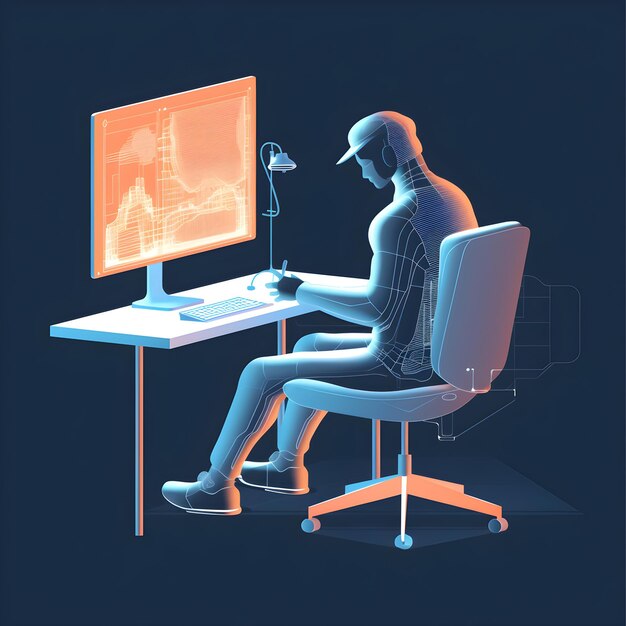 3D image of a developer working at a computer on a blue background