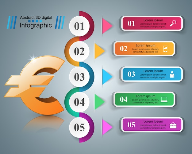 3D infographic.Euro、Moneyアイコン。