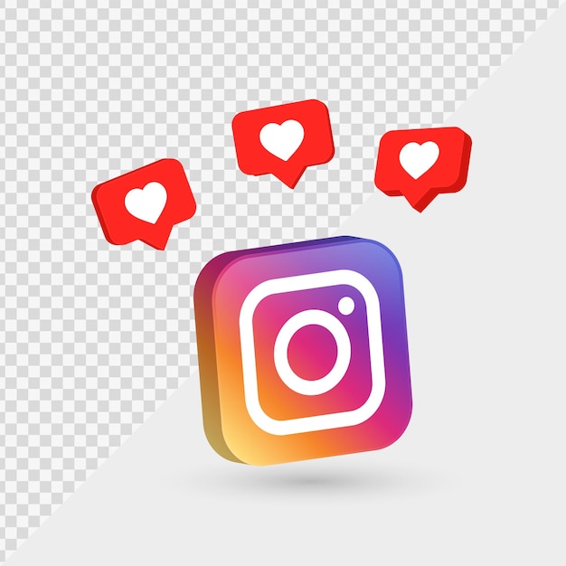 3d instagram logo in modern square frame with like speech bubble social media notification icons