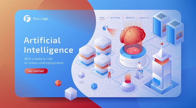 3d isometric artificial intelligence (ai) data connection concept with digital brain. network future technology