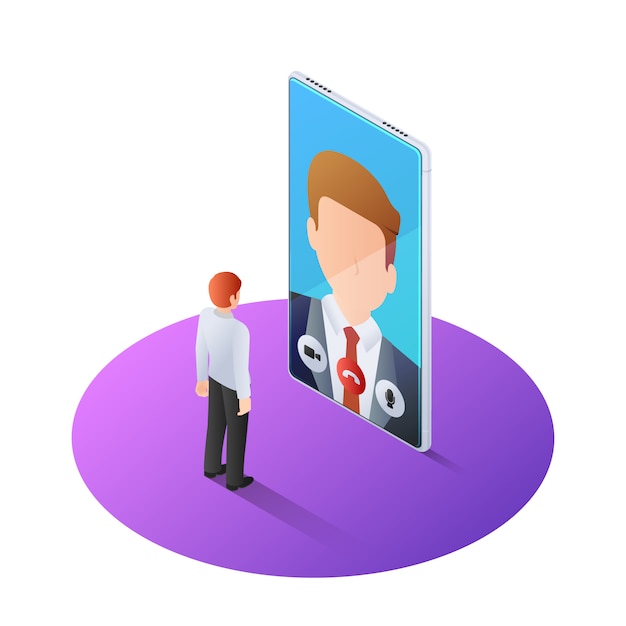 Vector 3d isometric businessman having video call with boss on smartphone