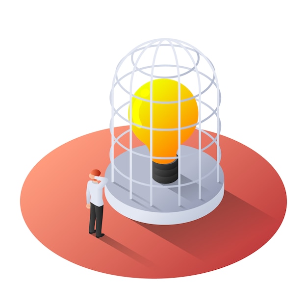 3d isometric businessman standing with incandescent light bulb in the cage