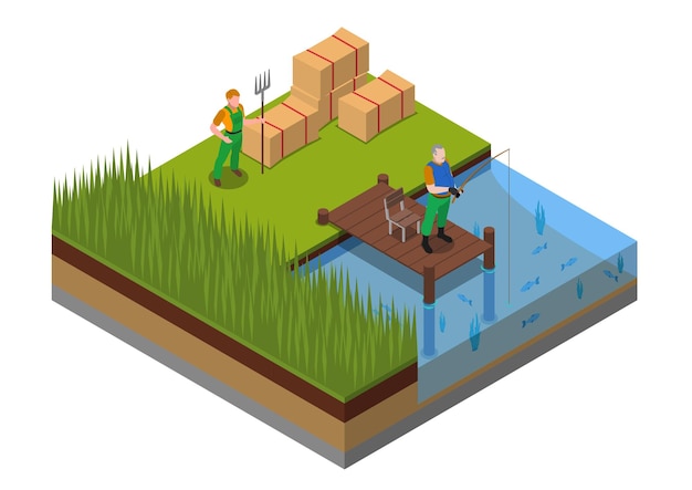 A 3D isometric cutaway of fishing in a pond