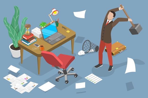 3D Isometric Flat Vector Conceptual Illustration of Angry Office Worker