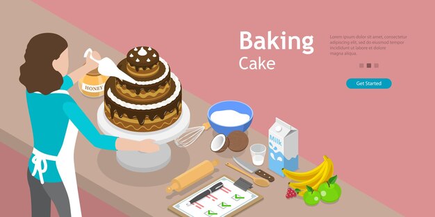 Vector 3d isometric flat vector conceptual illustration of cake baking