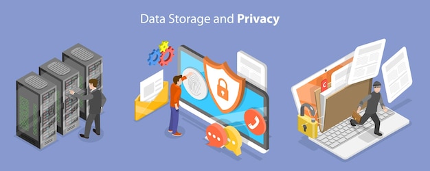 Vector 3d isometric flat vector conceptual illustration of data storage and privacy