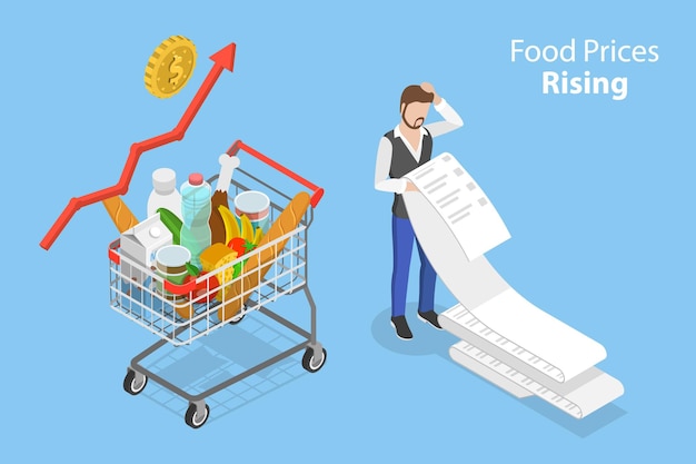 Vector 3d isometric flat vector conceptual illustration of food prices rising