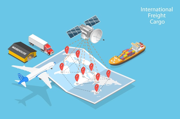 Illustrazione concettuale 3d isometrica a vettore piatto del trasporto internazionale di merci