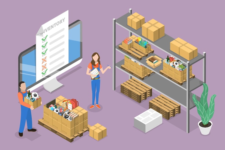 Vector 3d isometric flat vector conceptual illustration of inventory management