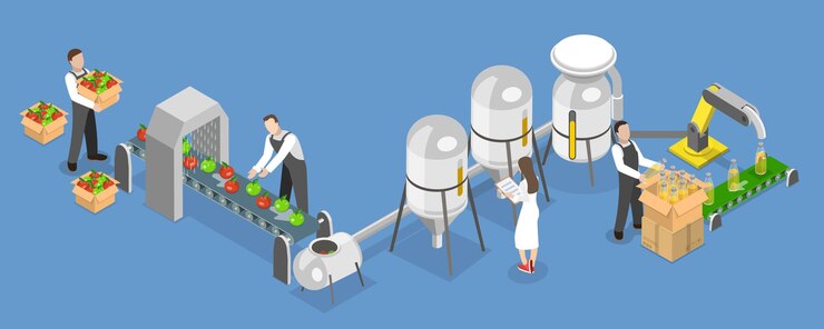 Vector 3d isometric flat vector conceptual illustration of juice factory