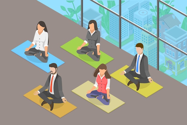 Vector 3d isometric flat vector conceptual illustration of meditation at work