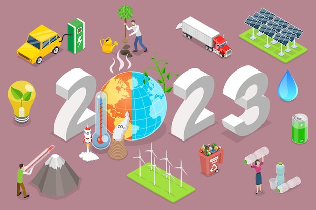 3d isometric flat vector conceptual illustration of new year 2023 and climate change