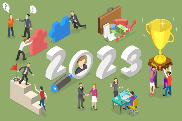 2023 年の新年と従業員のオンボーディングの 3 D アイソ メトリック フラット ベクトル概念図