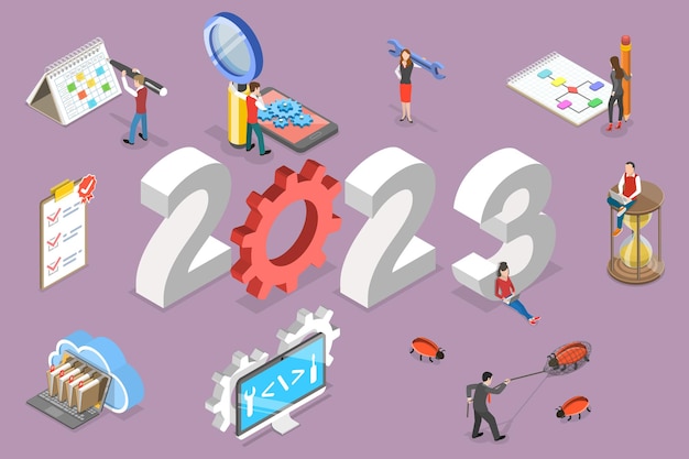 2023 年の新年とソフトウェア開発の 3 D アイソ メトリック フラット ベクトル概念図