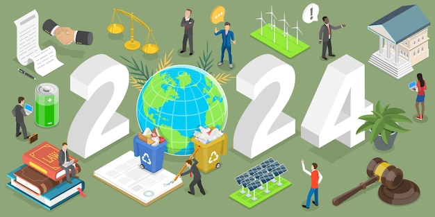 3d isometric flat vector conceptual illustration of new year 2024 environmental legislation pollution prevention laws