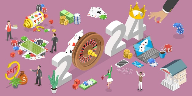 Vector 3d isometric flat vector conceptual illustration of new year 2024 and online casino industry trends digital gambling platform