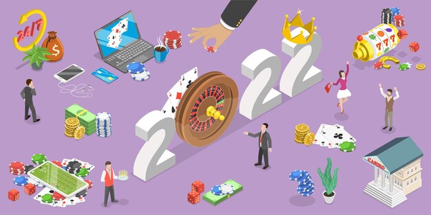 Vector 3d isometric flat vector conceptual illustration of new year and online casino industry trends