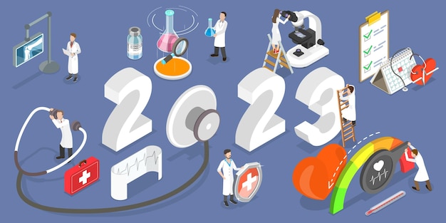 2023 年の新年のヘルスケアと医学の 3 d アイソ メトリック フラット ベクトル概念図