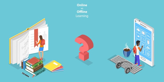 3d isometric flat vector conceptual illustration of online learning vs offline learning