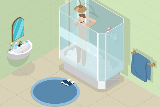 3d isometric flat vector conceptual illustration of person taking shower