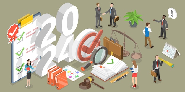 3d isometric flat vector conceptual illustration of regulatory compliance in new year 2024 trends and prospects