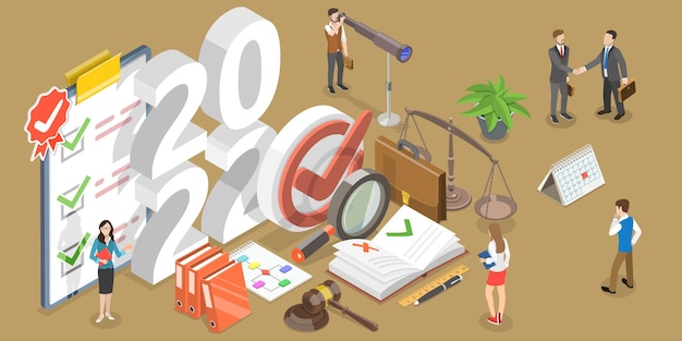 3D Isometric Flat Vector Conceptual Illustration of Regulatory Compliance in New Year.