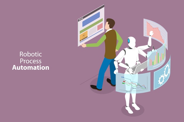 Vector 3d isometric flat vector conceptual illustration of robotic process automation