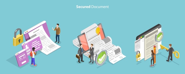 3D Isometric Flat Vector Conceptual Illustration of Secured Document