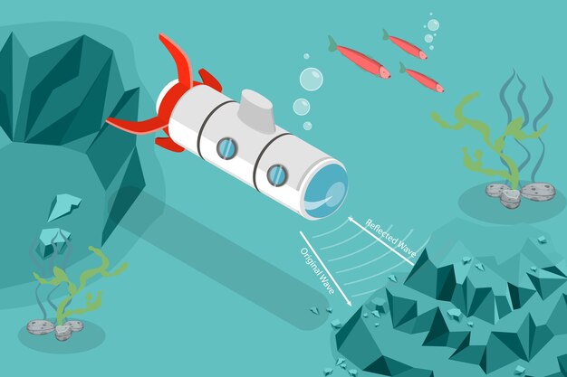 3d isometric flat vector conceptual illustration of sonar and submarine navigation