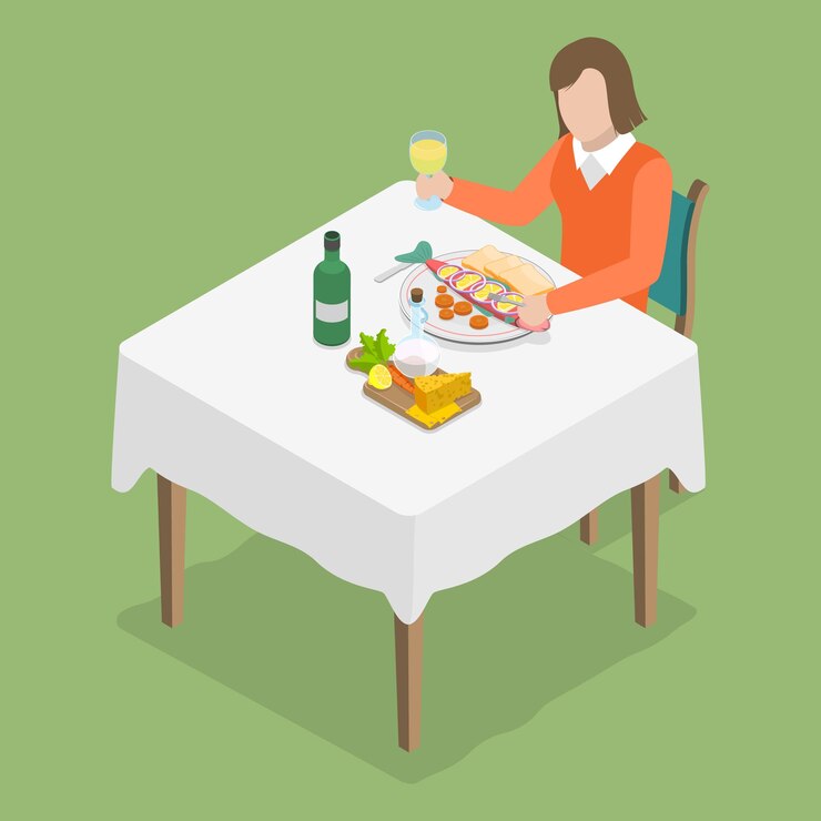 Vector 3d isometric flat vector conceptual illustration of woman eating dinner