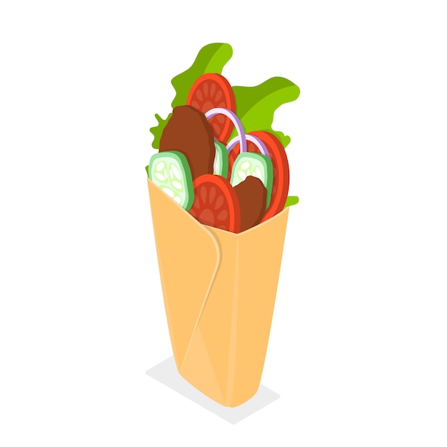 Vector 3d isometric flat vector icon of shawarma sandwich kebab or burrito item 2