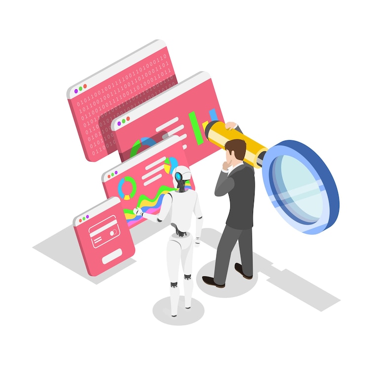 Vector 3d isometric flat vector illustration of artificial intelligence assistant technologies for enhanced