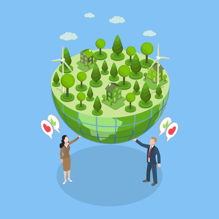 Vector 3d isometric flat vector illustration of ecology and environmental protection promoting