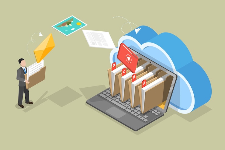 Vector 3d isometric flat vector illustration of electronic archive transfing information to digital storage