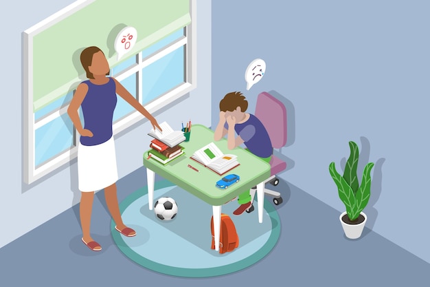 3D Isometric Flat Vector Illustration of Family Abuse and Violence