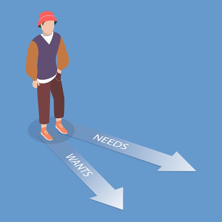 Vector 3d isometric flat vector illustration of need vs want