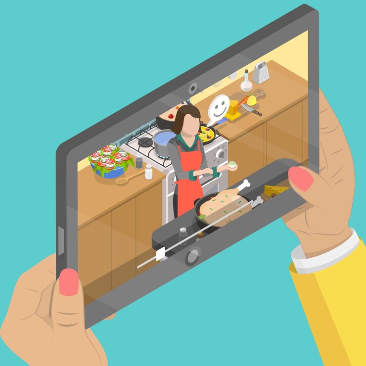 Vector 3d isometric flat vector illustration of online cooking show